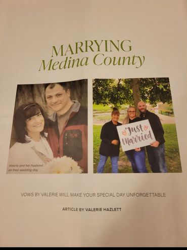 Magazine page on weddings in Medina County with photos and article by Valerie Hazlett.
