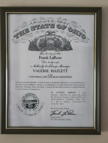 Marriage solemnizing authority certificate from Ohio.
