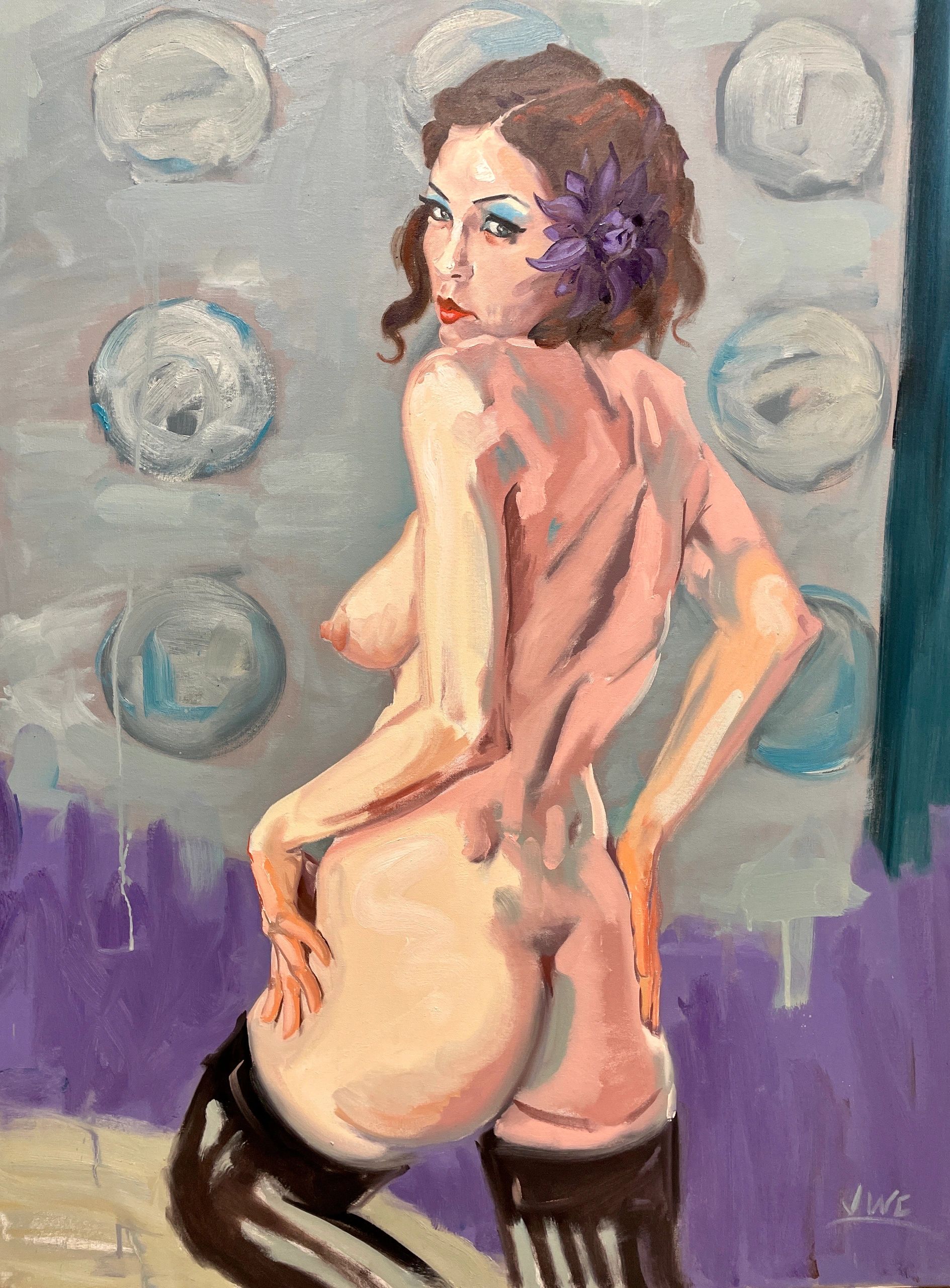 Painting of a nude woman with a purple flower in her hair and black stockings.