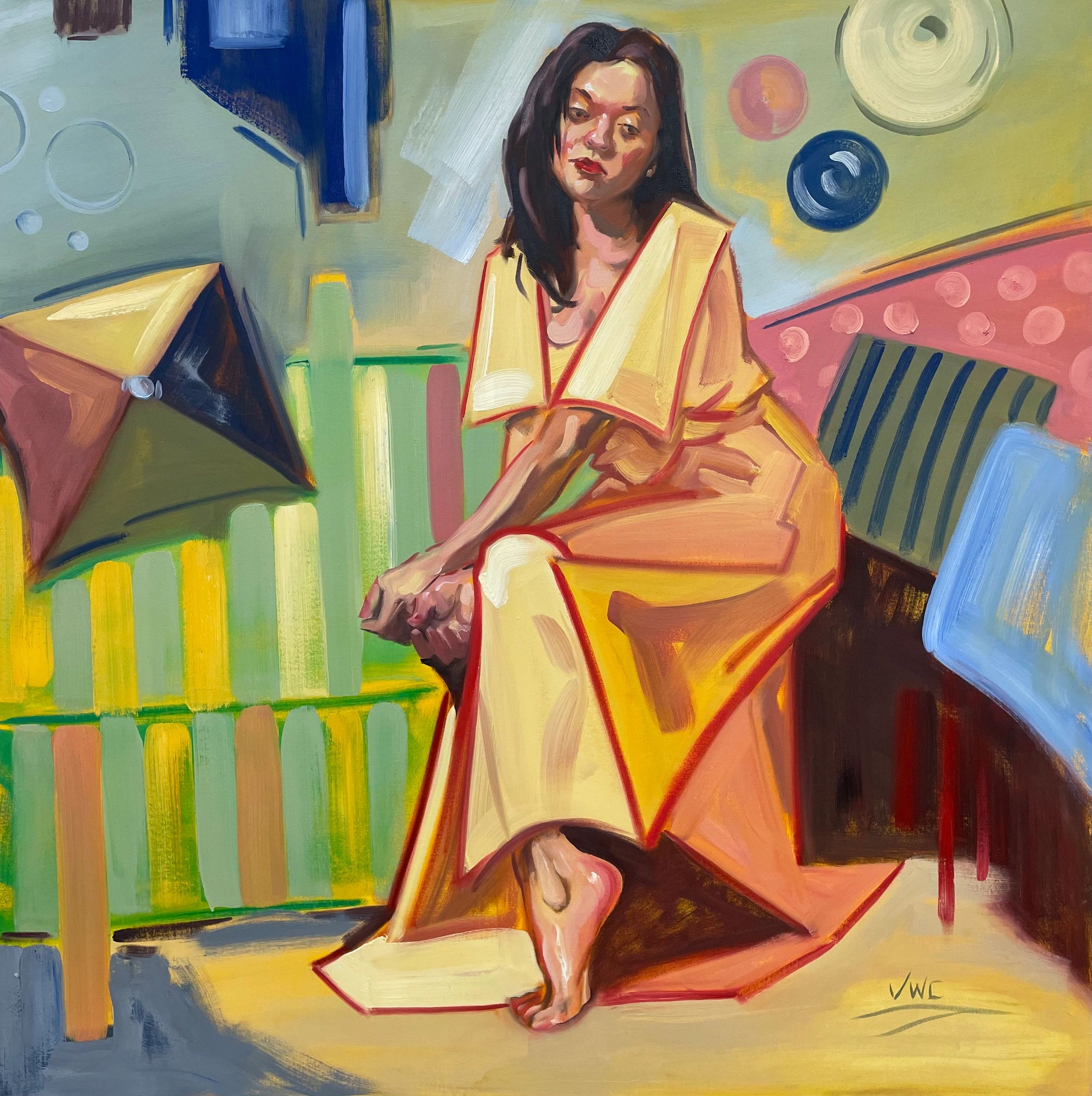 Abstract painting of a woman in a yellow dress with colorful geometric background.