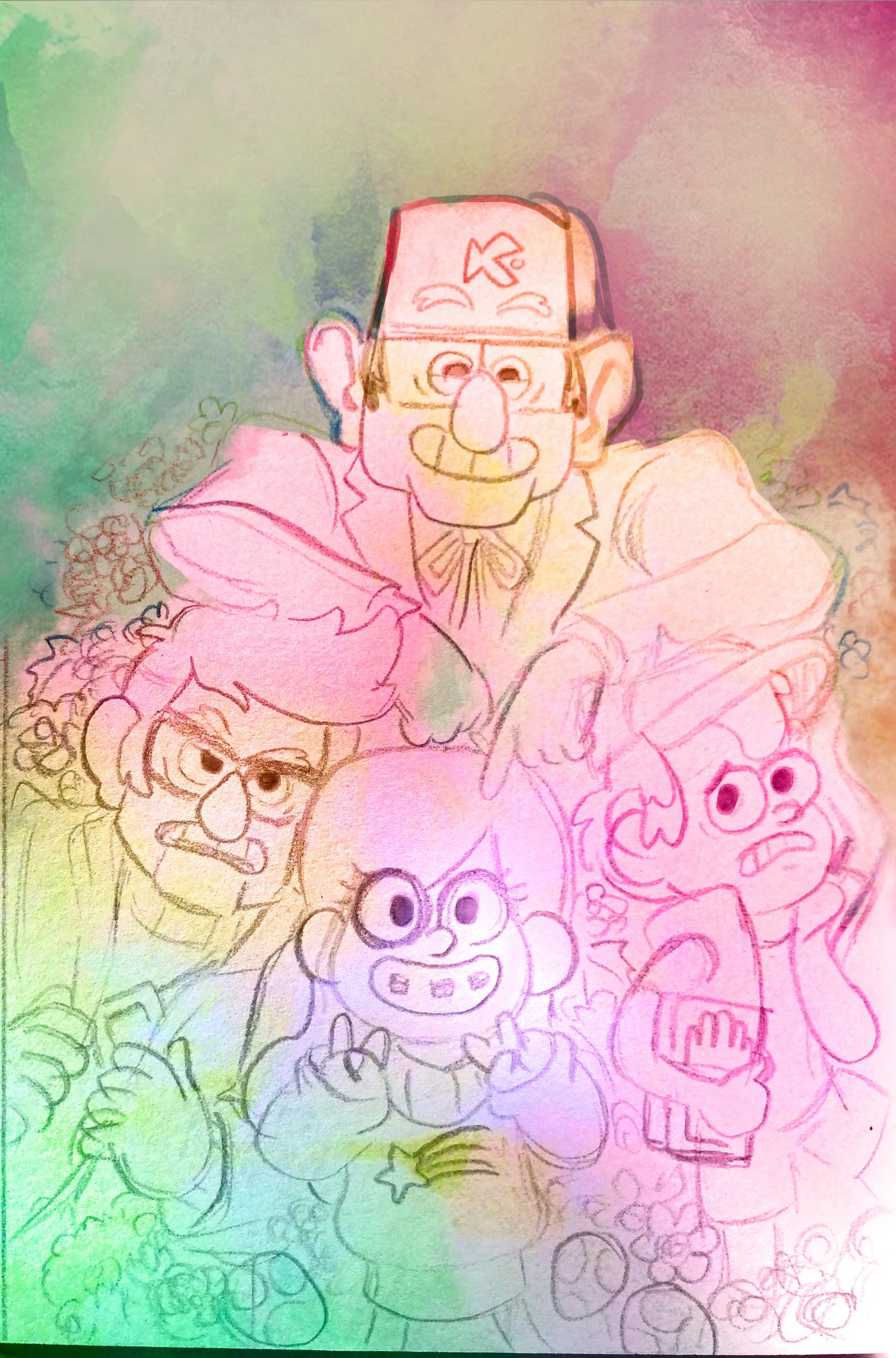 Colorful sketch of four animated characters with distinct expressions.