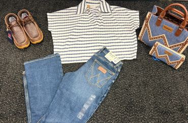 Casual outfit with striped shirt, jeans, shoes, and matching bag set.