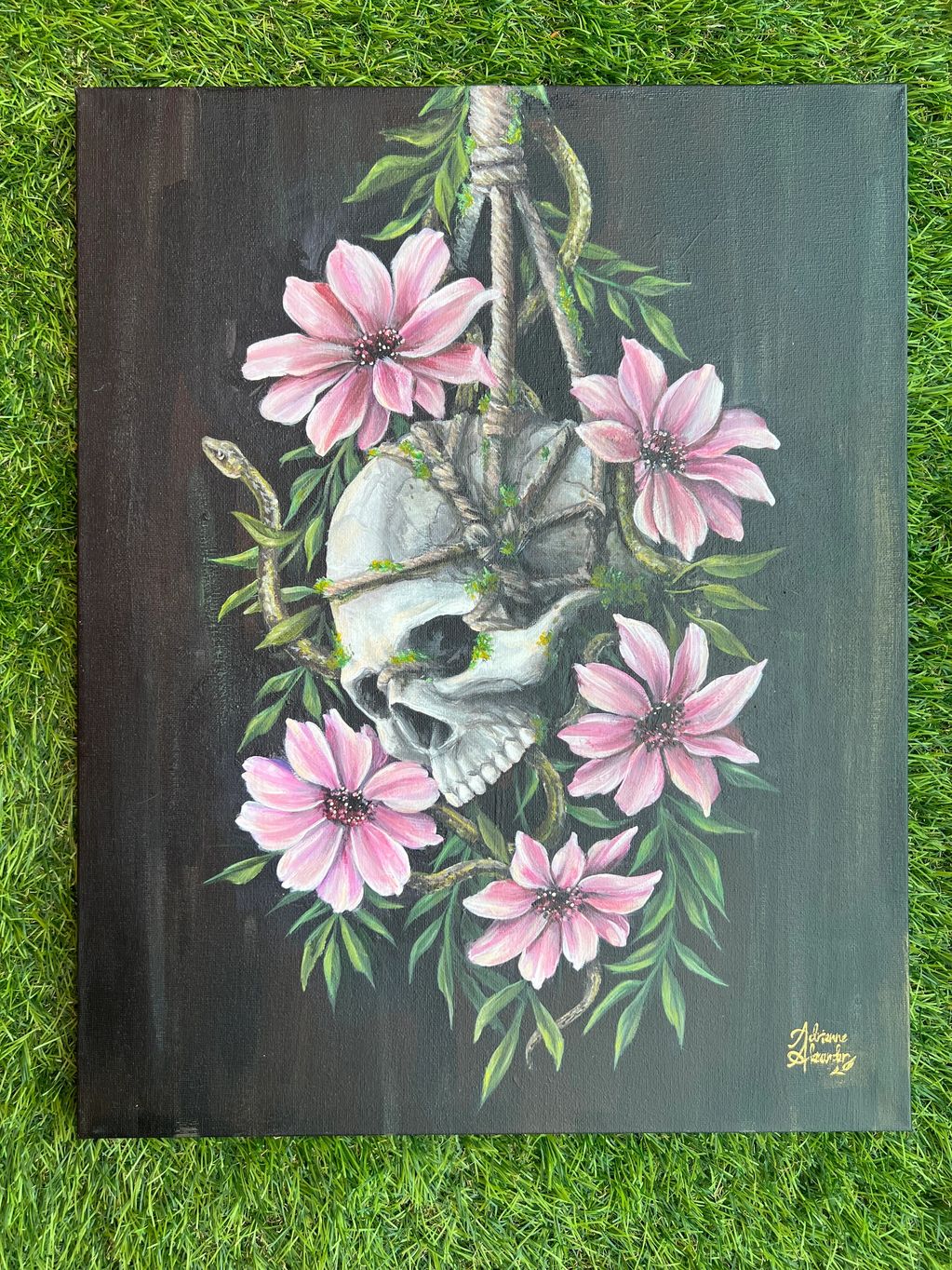 hanging skull with flowers