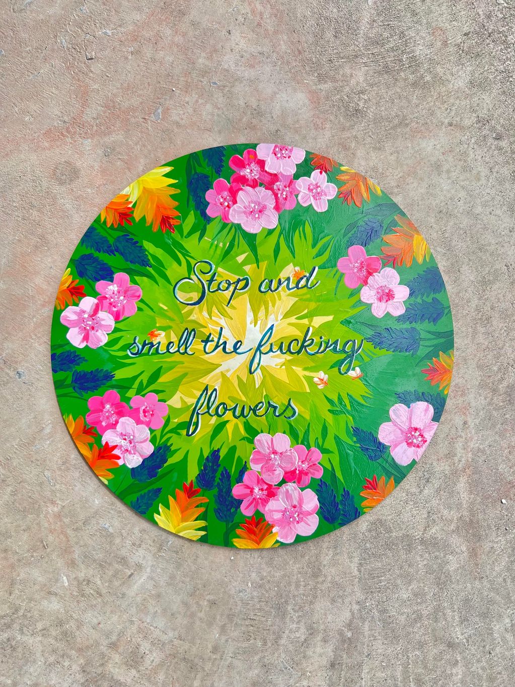 floral wall hanging, bright, tropical, stop and smell the fucking flowers