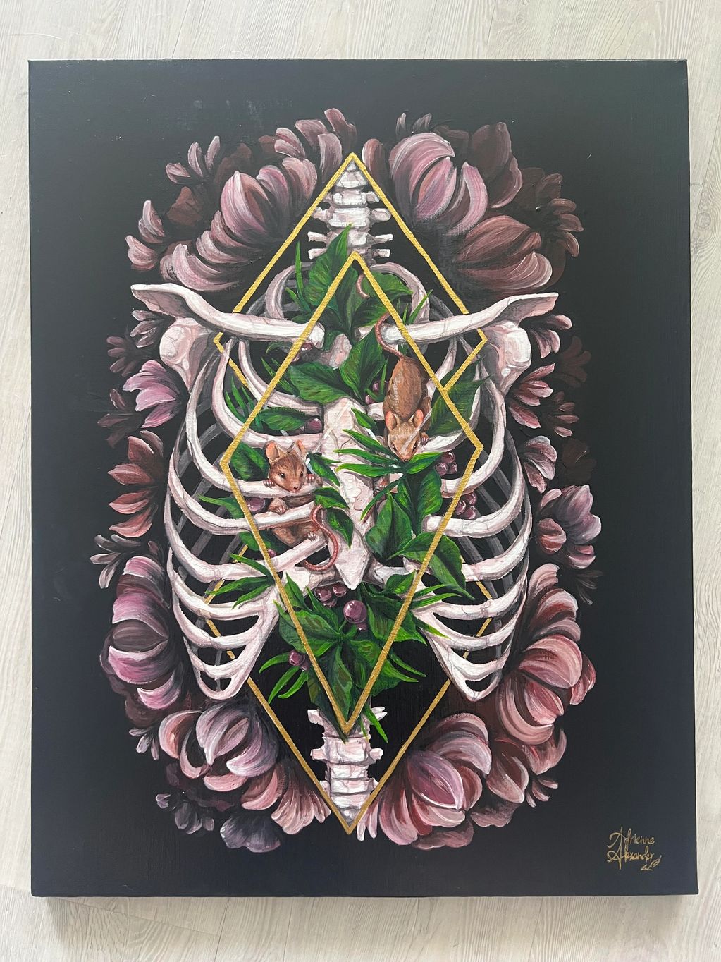 mice in a ribcage with black background, geometry gold, and florals / flowers