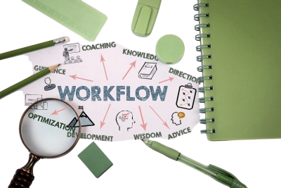Office supplies around a workflow concept paper with arrows and keywords.