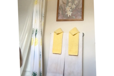 Next to the large shower/tub unit, hangs an exotic flower painting above the towel rack.