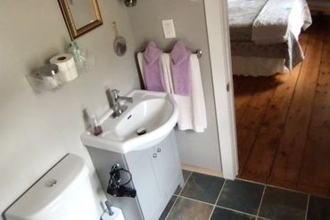 This photo shows the toilet, vanity sink the two differing floors of bed and bath rooms.