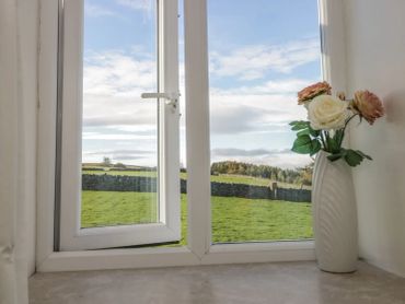 Open window with a vase of flowers and a green field outside.