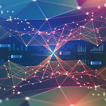 Abstract digital network visualization with interconnected nodes and data charts.