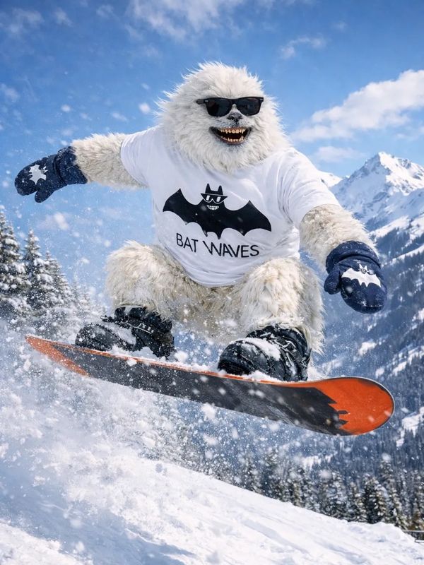 Yeti snowboarding down a snowy mountain wearing sunglasses and a Bat Waves shirt.