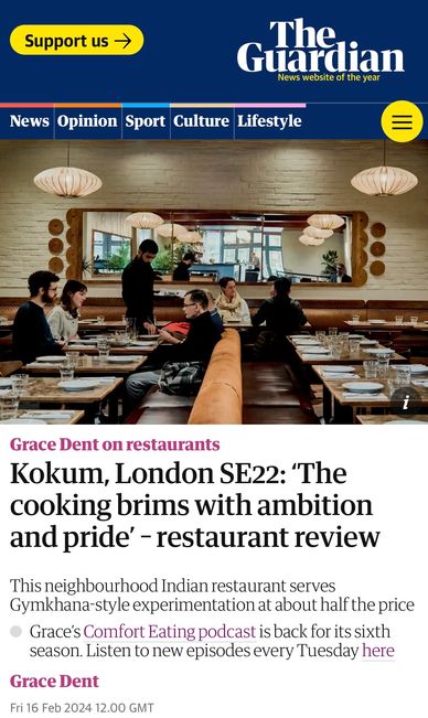 Kokum in the national newspaper, food review