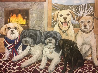 Dog Family Pet Portrait by Artist Michele Cahill of Pet Portrait Fun six dogs at a Ski Lodge with Fireplace