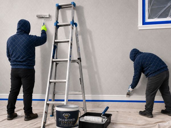 Two people painting a room with rollers.