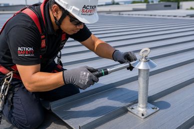 Worker tightening a metal fixture on a rooftop.