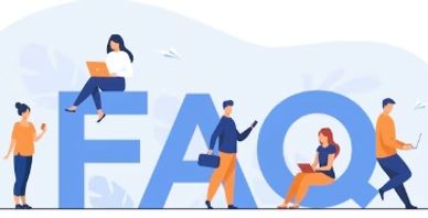 People interacting around giant FAQ letters.