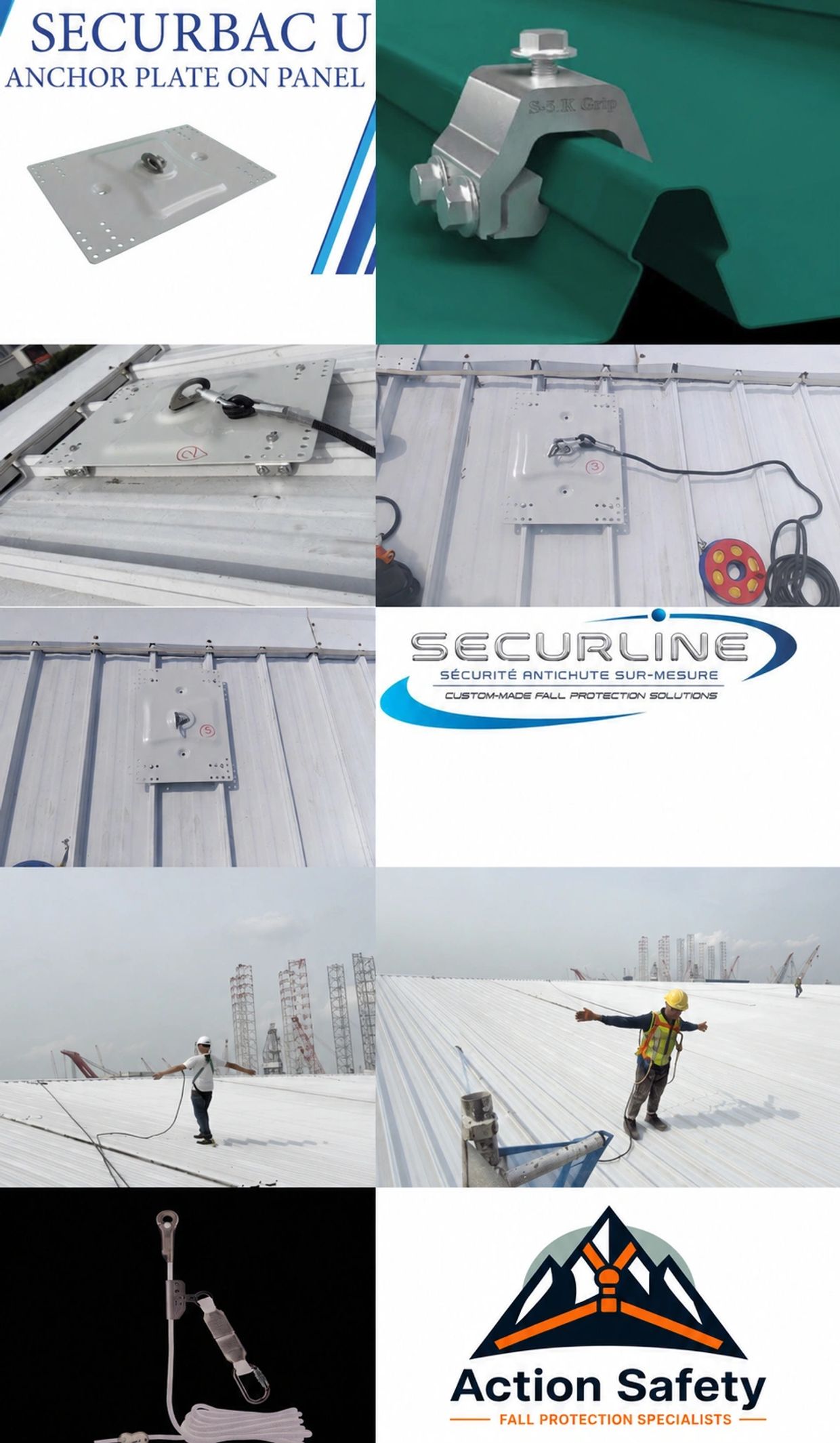 Fall protection equipment and installation on metal roofs.