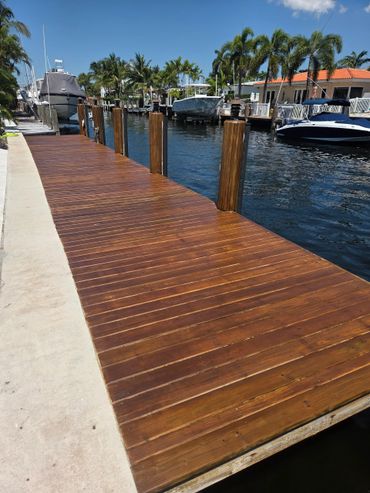Wooden dock alongside a marina with boats and palm trees.