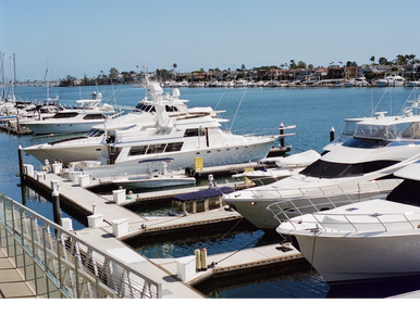Luxury yachts docked at a sunny marina with calm blue water.