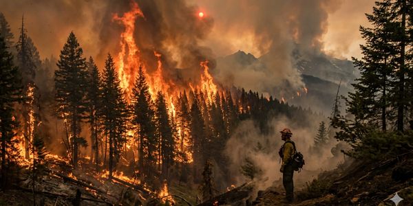 A firefighter watches a large forest fire engulfing tall trees at sunset.
