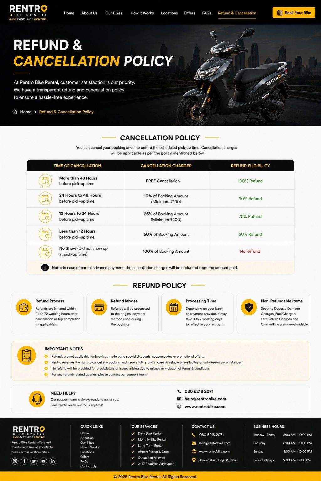 Refund and cancellation policy details for Rentro Bike Rental.