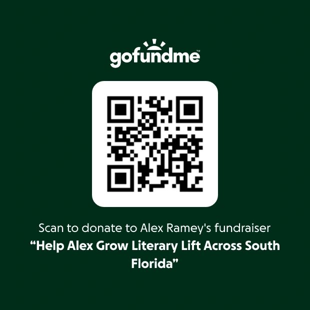 QR code for donating to Alex Ramey's literary fundraiser via GoFundMe.