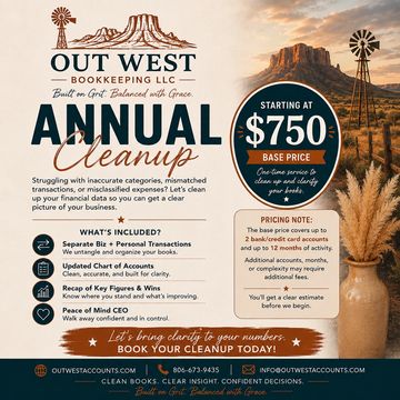 Out West Bookkeeping Annual Cleanup service ad with pricing and benefits.