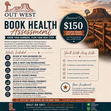 Advert for Out West Bookkeeping's book health assessment service.