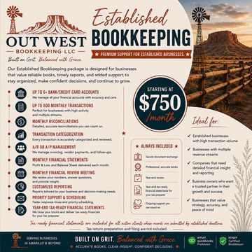 Out West Bookkeeping offers professional bookkeeping starting at $750/month.