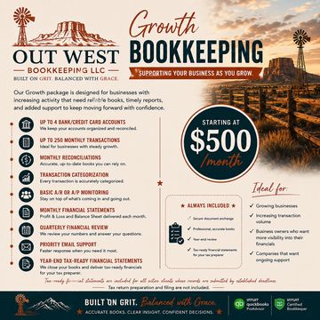 Out West Bookkeeping offers growth-focused bookkeeping services starting at $500/month.