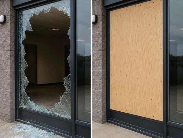 Broken glass window replaced with plywood at a storefront.
