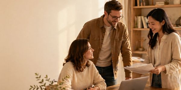 Three colleagues collaborating happily in a cozy office space.