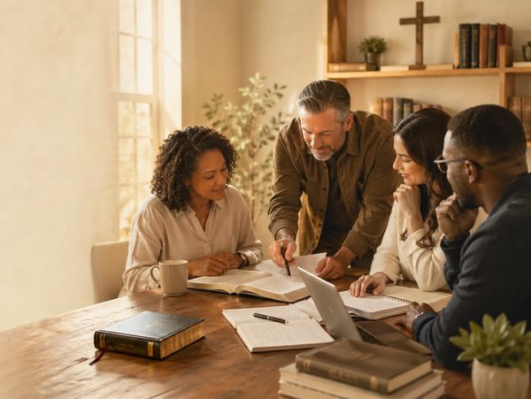 A group studying the Bible together in a serene room.