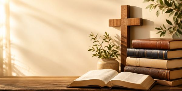 A wooden cross, open Bible, and stacked books on a table with soft lighting.
