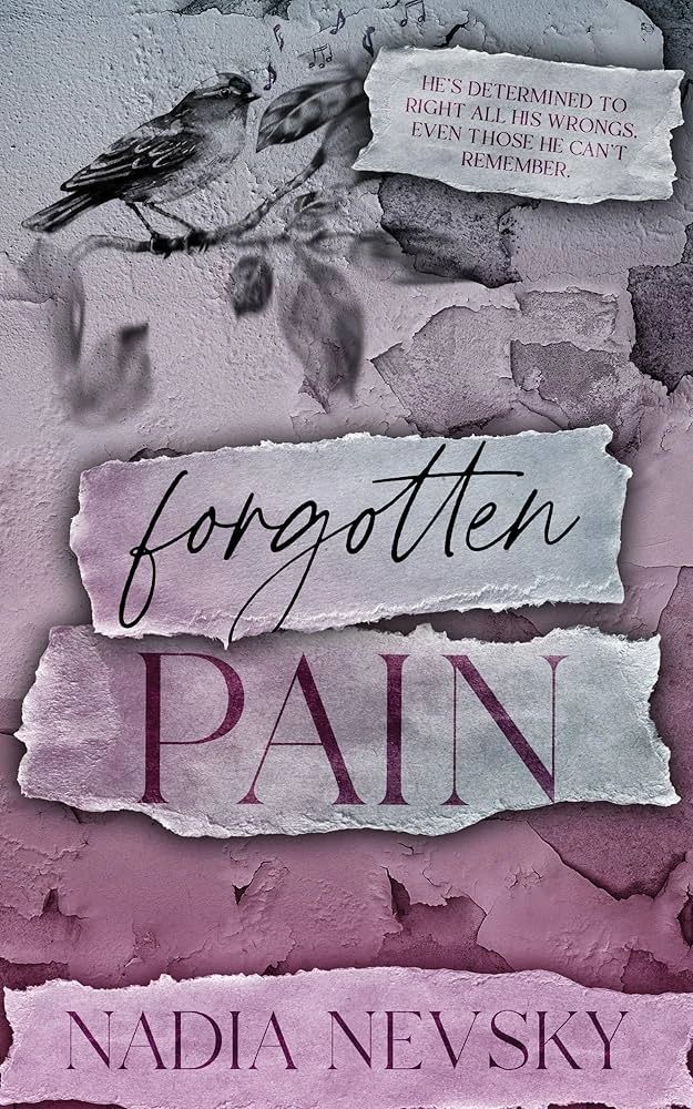 Book cover for "Forgotten Pain" by Nadia Nevsky with a bird and torn paper design.