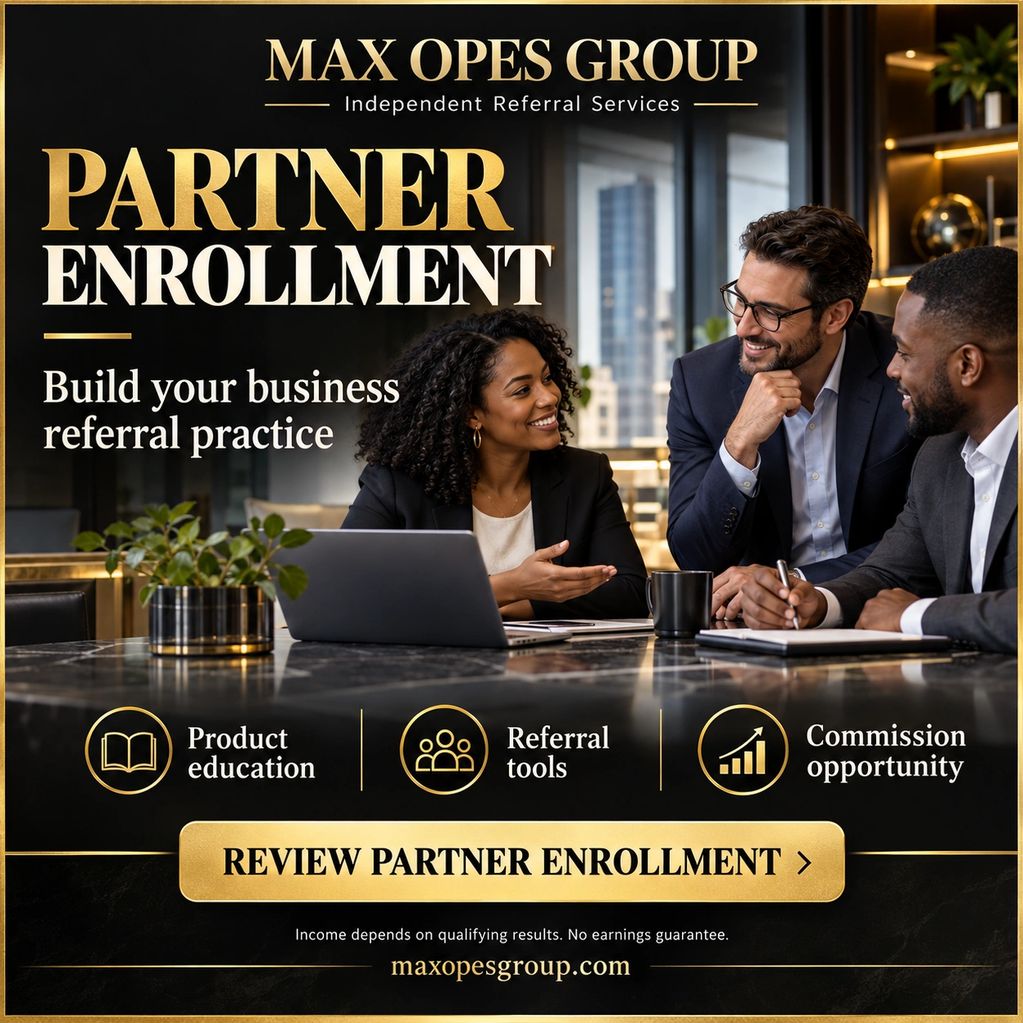 Business team discussing partner enrollment at Max Opes Group.