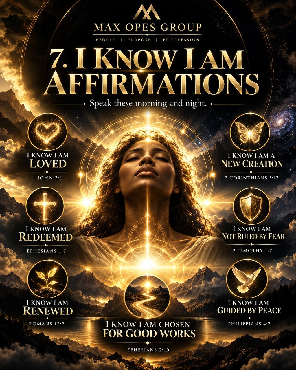 Inspirational affirmations with a glowing woman and celestial background.