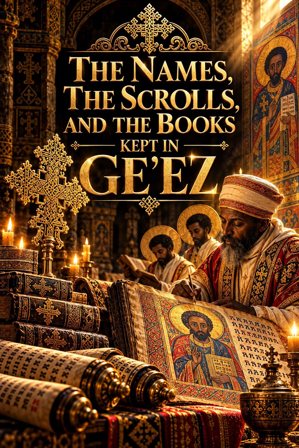Ancient religious scrolls and books in Ge'ez with priests.