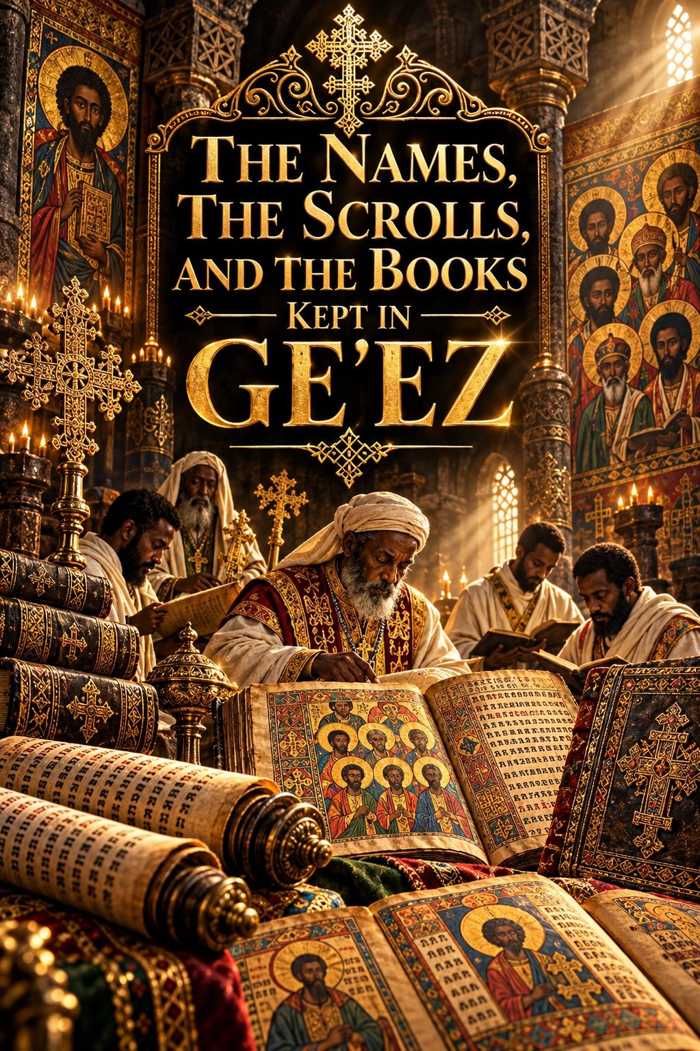 Men studying illuminated manuscripts and scrolls in a richly decorated church.