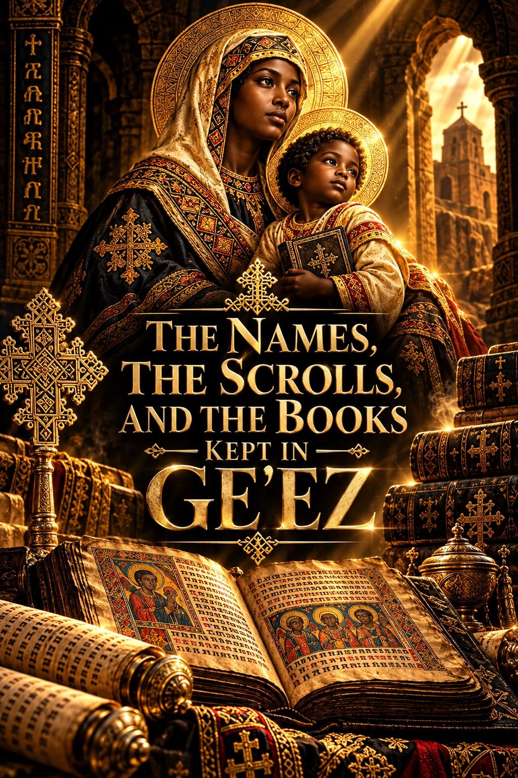 Religious figures and ancient Ethiopian texts glowing in golden light.