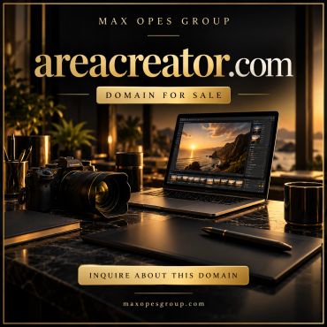 Workspace with camera and laptop for areacreator.com domain sale.