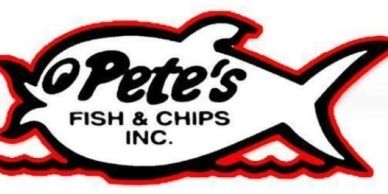 Logo of Pete's Fish &amp; Chips Inc. in fish shape.
