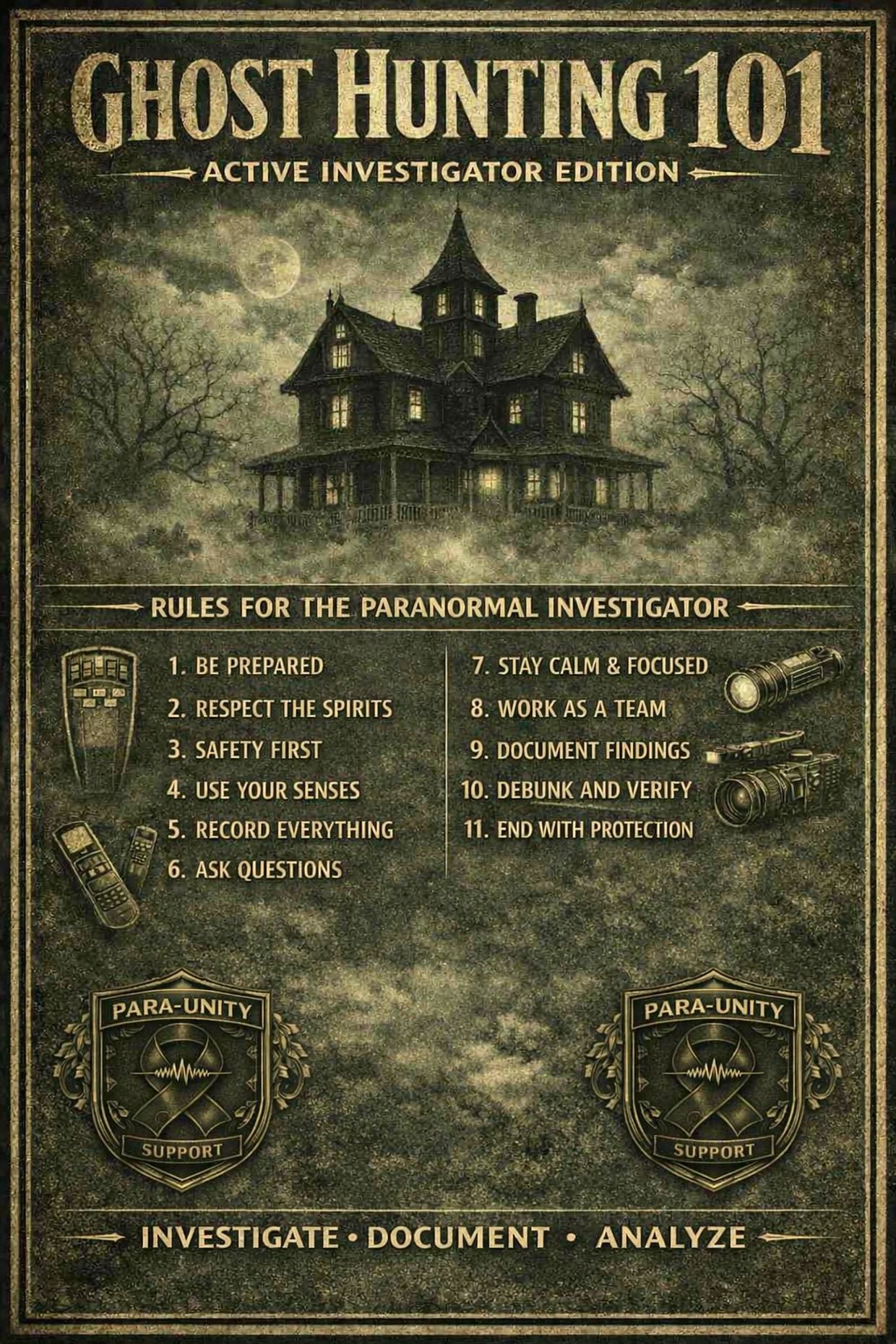 A vintage-style poster with ghost hunting rules and a haunted house illustration.
