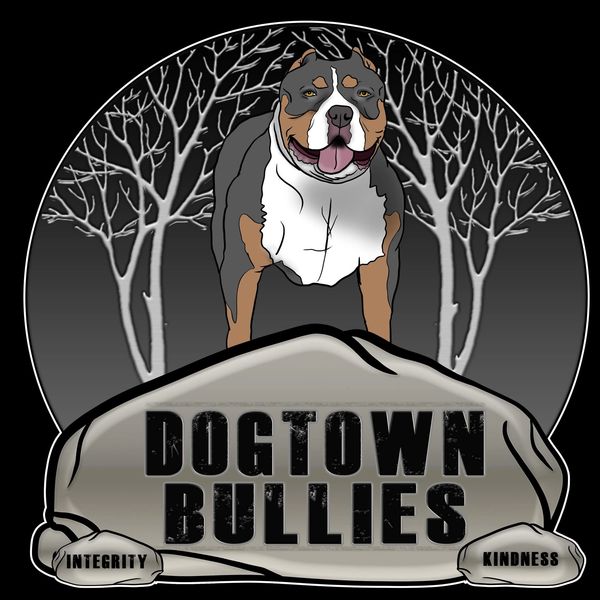 Logo of Dogtown Bullies with a dog and rocks labeled integrity and kindness.
