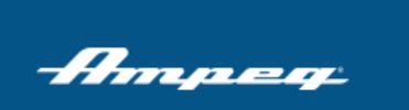 Ampeg logo in white on a blue background.