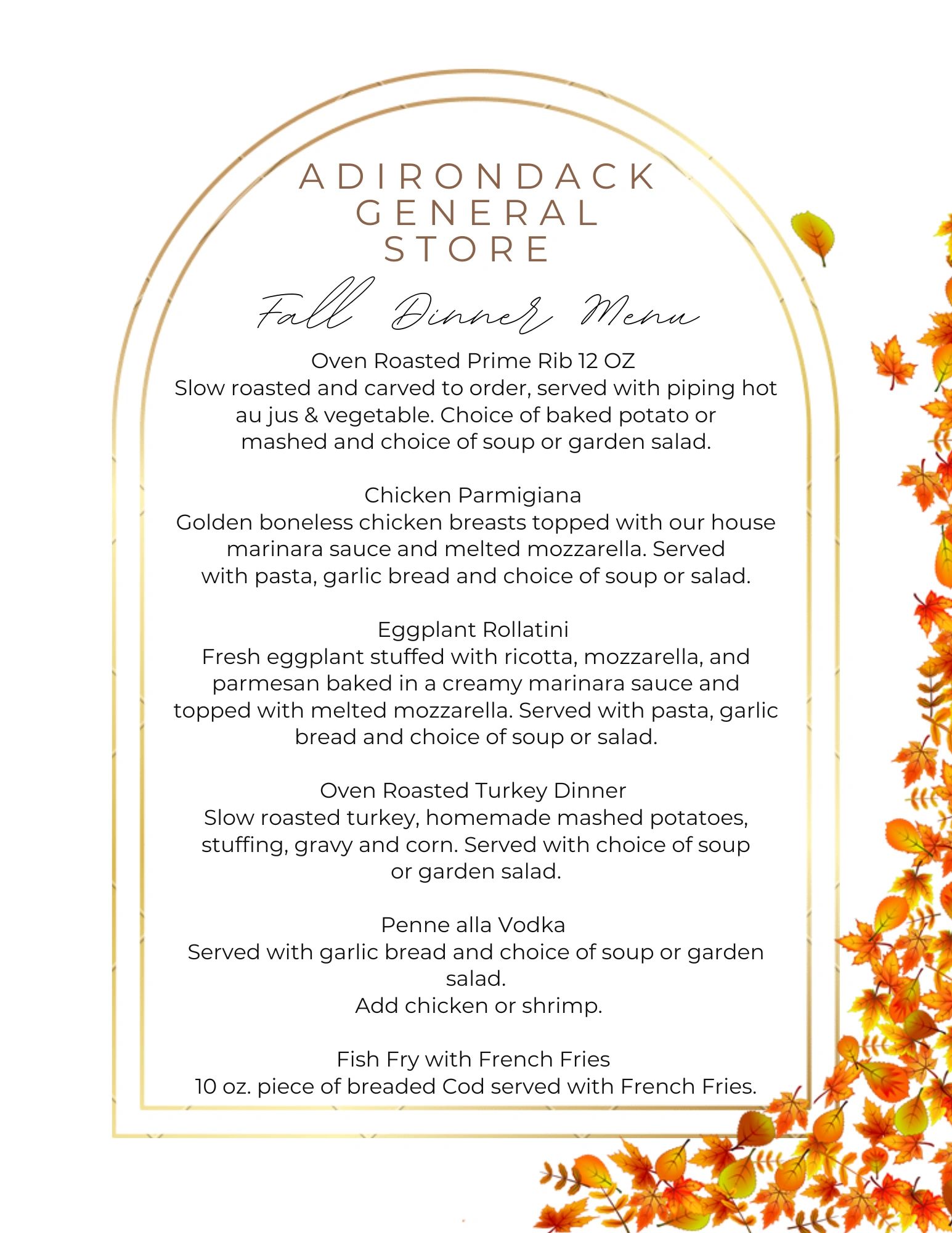 Fall 2022 Dinner Menu Adirondack General Store