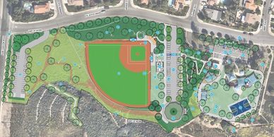 A planned park layout with baseball field and playground area.