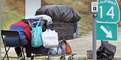 Person with belongings in shopping cart near California Route 14 sign.