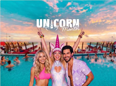 Three friends celebrating Unicorn Month by the pool.