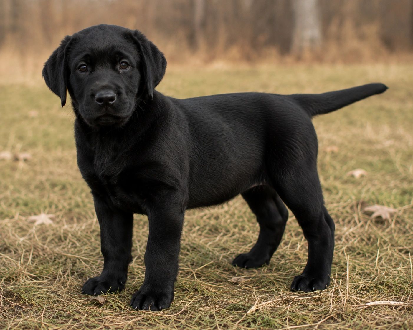 Black Labrador puppy standing outdoors on grass.